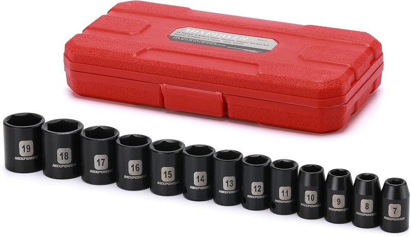 MIXPOWER 13 Pieces 3/8-Inch Drive Shallow Impact Socket Set, 7mm to 19mm, CR-V, Metric, 6 Point, Shallow, 13 Pieces 3/8" Dr. Socket - Image 1